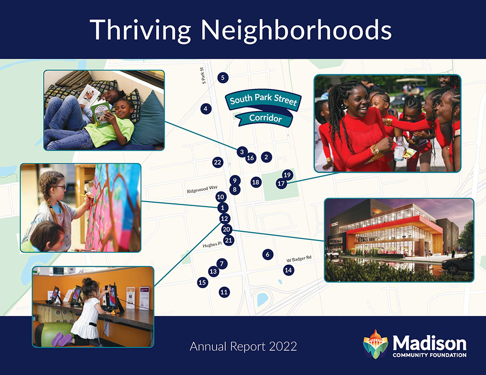 Cover of MCF annual report showing a map of South Park Street organizations MCF has given grants 